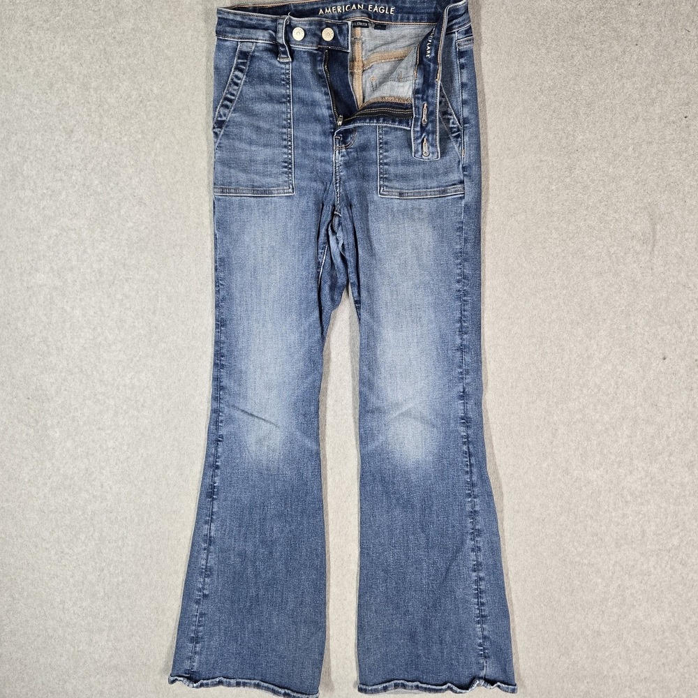 American Eagle Women Jeans 4 Blue Denim Super High Rise Flare Stretch 30" Inseam